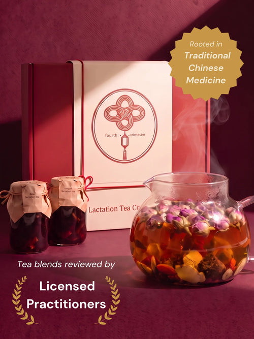 The Lactation Tea Collection box with rose and longan tea jars beside a glass teapot of brewed tea