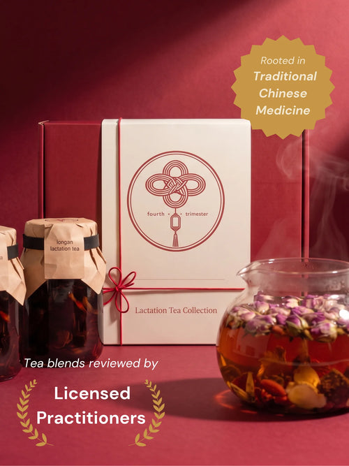 The Lactation Tea Collection box with rose and longan tea jars beside a glass teapot of brewed tea