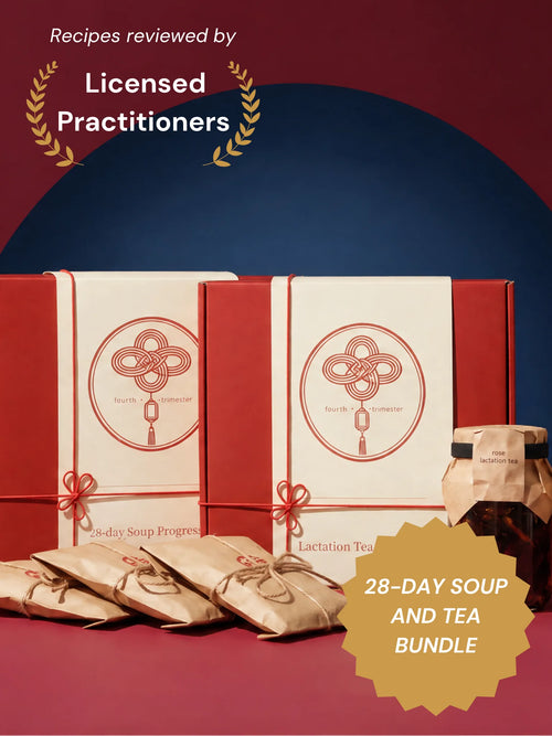 The 28-Day Soup & Tea Bundle, both boxes shown together with soup sachets and a jar of rose lactation tea