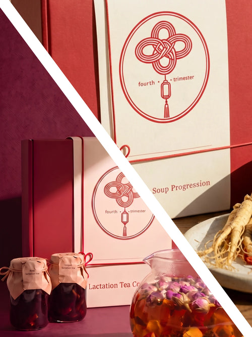 The 28-Day Soup & Tea Bundle, the soup box and the Lactation Tea Collection box with tea jars and a teapot