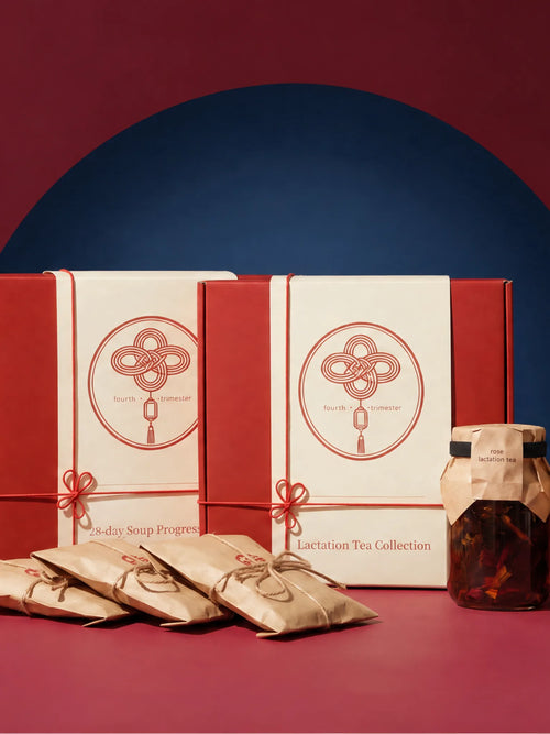 28-Day Soup & Tea Bundle: the 28-Day Soup Progression box and the Lactation Tea Collection box with soup sachets and a jar of rose lactation tea
