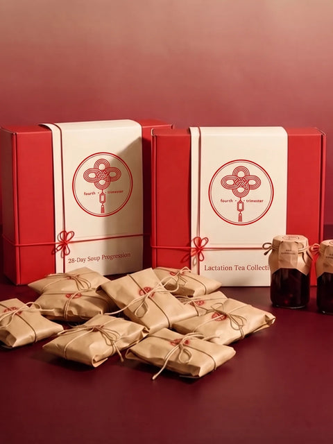 28-Day Soup & Tea Bundle: the 28-Day Soup Progression box and the Lactation Tea Collection box with soup sachets and tea jars