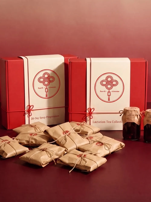 28-Day Soup & Tea Bundle: the 28-Day Soup Progression box and the Lactation Tea Collection box with soup sachets and tea jars