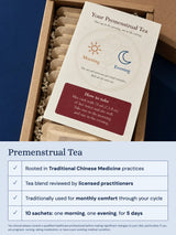 The open Premenstrual Tea box with its instruction card: one cup in the morning, one in the evening