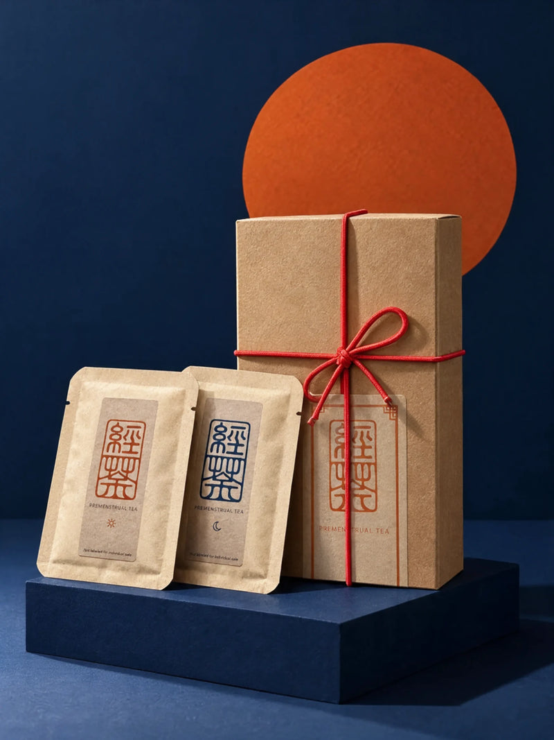 The Premenstrual Tea box tied with red cord, with a morning and an evening sachet