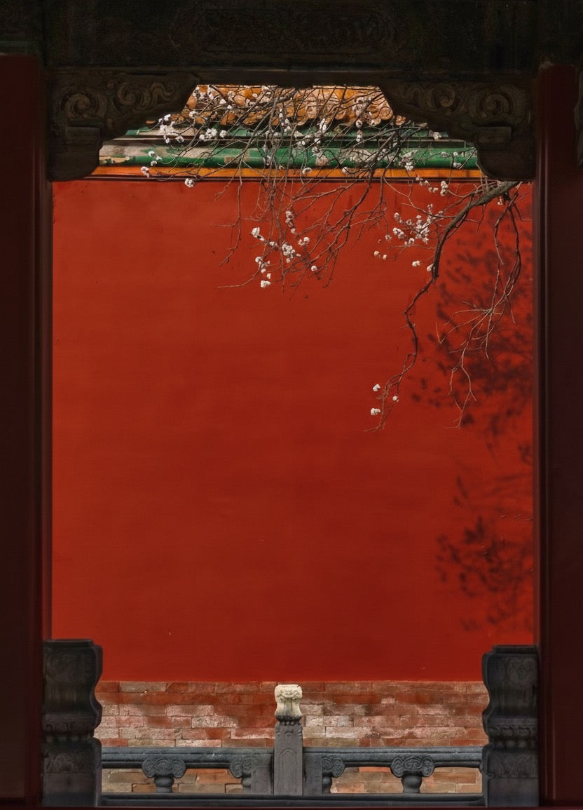 Traditional Chinese architecture with plum blossoms against a red wall — postpartum traditions span many cultures
