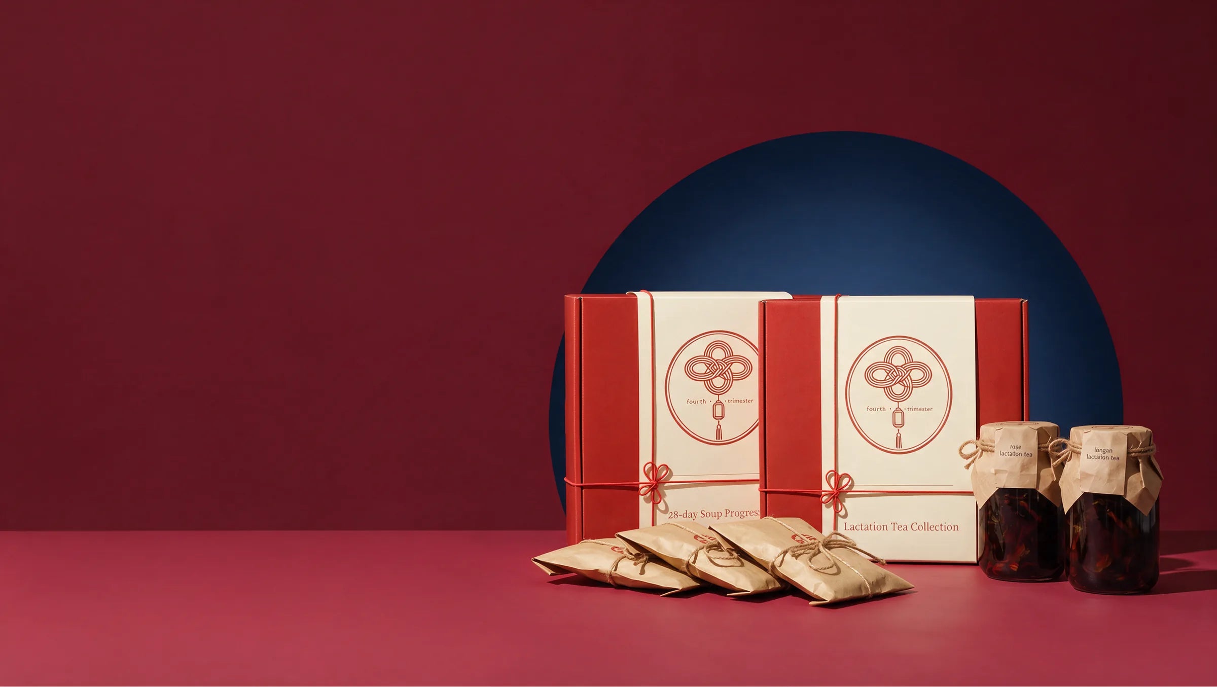 The 28-day Soup Progression and Lactation Tea Collection gift boxes with herb sachets and jars of brewed tea